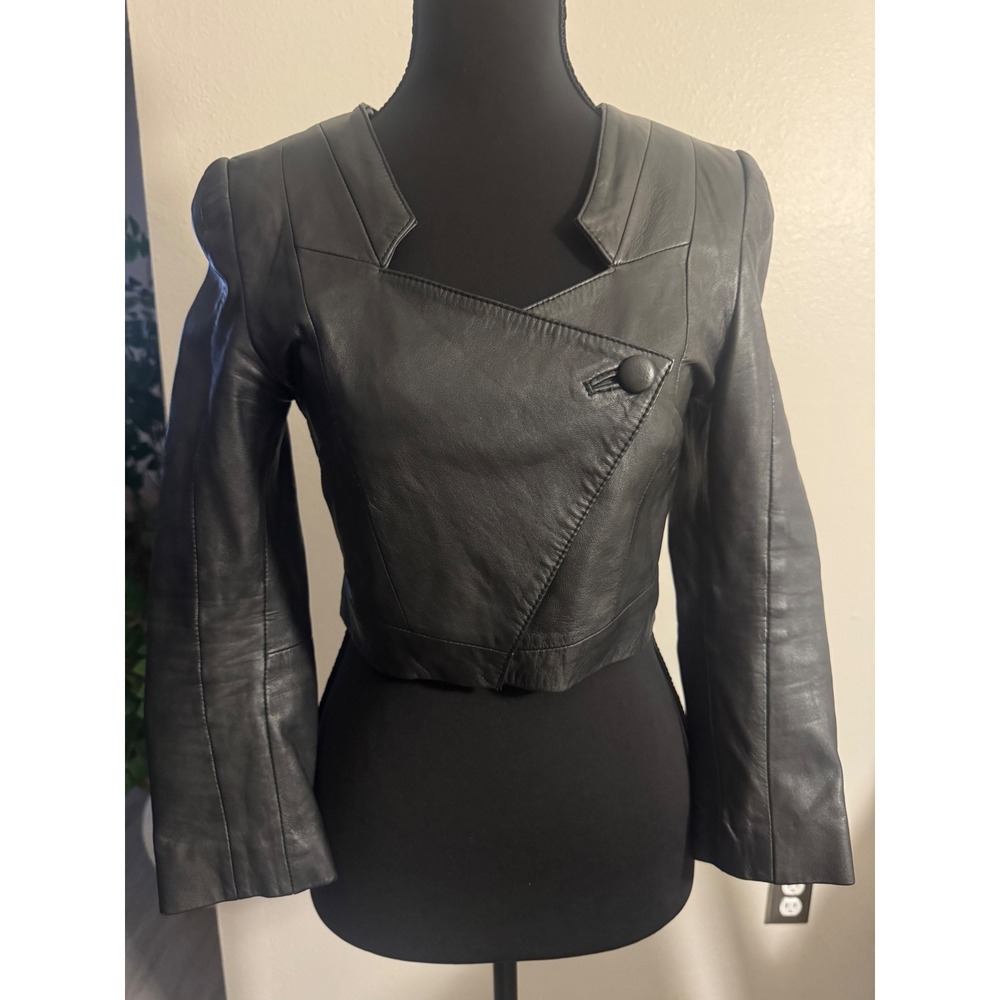 Y2K H&M Black Lamb Nappa Leather Cropped Asymmetrical Jacket Size US 2